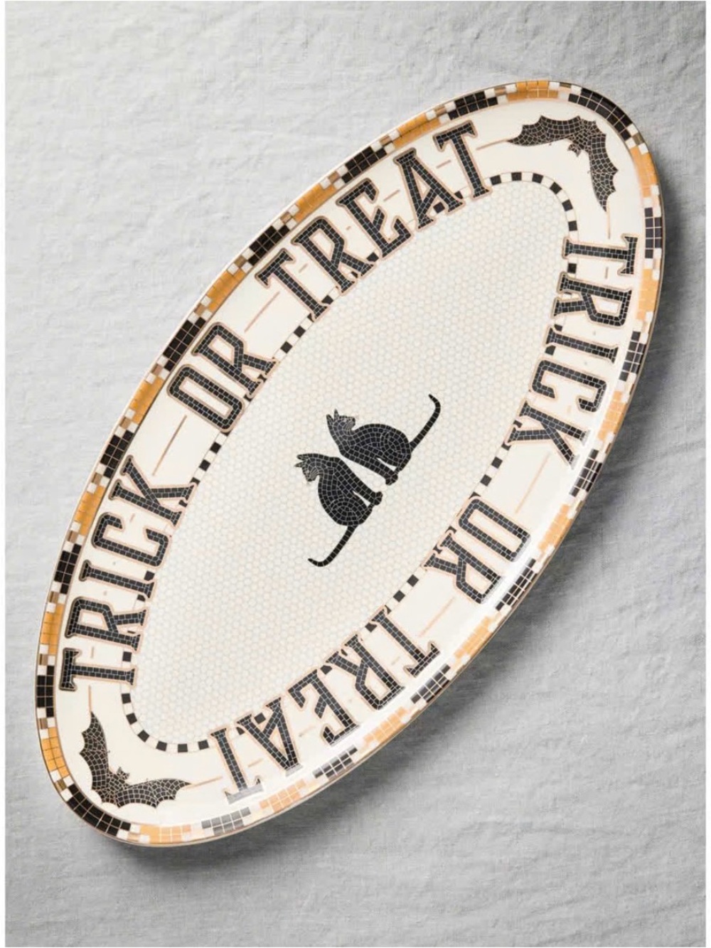 Anthropologie Bistro Tile Halloween Platter Trick or Treat Cats 24k gold